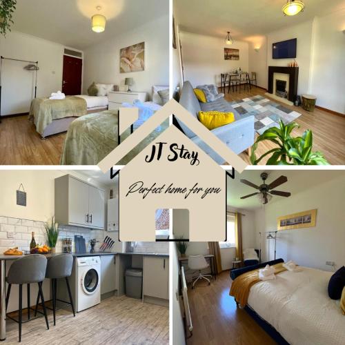 a collage of four photos of a hotel room at Stylish apartment in The City Centre in Kingsthorpe