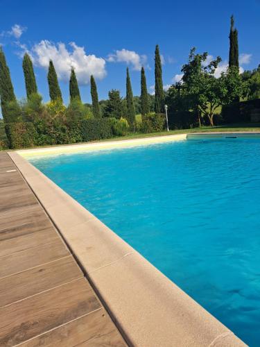 a swimming pool with blue water and trees in the background at Agriturismo Caliano in Asciano