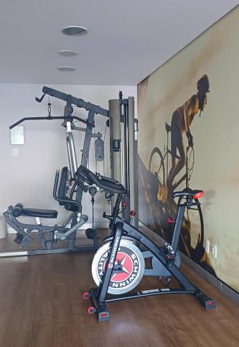 a gym with two bikes and a painting at Suíte Alto Afonso Pena in Belo Horizonte