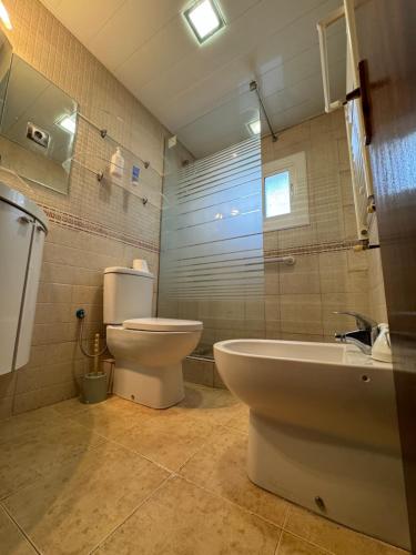 a bathroom with a toilet and a sink at Villa Maria Mercedes in Olesa de Bonesvalls