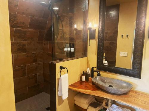a bathroom with a sink and a shower at Burrowdale Inn in Bella Vista
