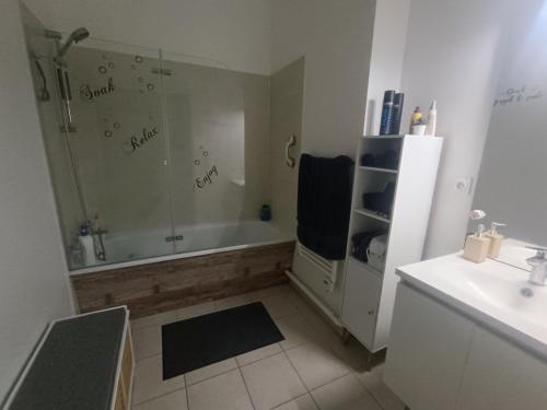 ein Badezimmer mit Dusche, Badewanne und Waschbecken in der Unterkunft Chambre à 25 min de Paris - appartement partagé in Gonesse