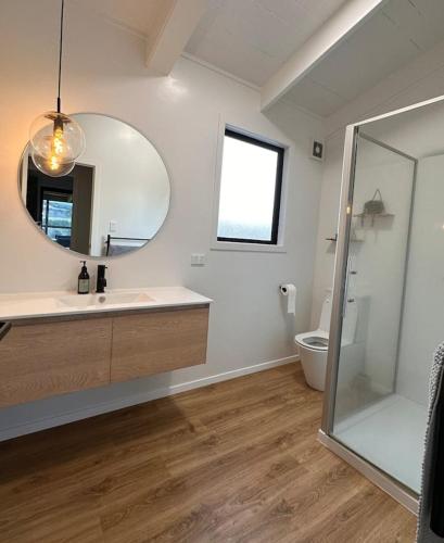 a bathroom with a sink and a mirror and a toilet at The Lake Haus in Mangakino