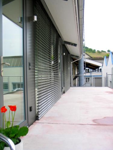 a building with glass doors and red flowers on the sidewalk at Artist's Loft zur Maloya in Ormalingen