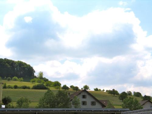 a house in a field under a cloudy sky at Artist's Loft zur Maloya in Ormalingen
