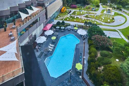 an overhead view of a swimming pool at a resort at Kolon Hotel in Gyeongju