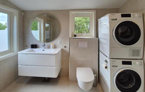 a bathroom with a washing machine and a sink at Amazing Home In Vikebygd With Wifi in Vikebygd