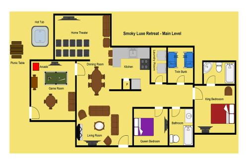 a floor plan of a house at THE ULTIMATE SMOKY MOUNTAIN ESCAPE! Game Room, Theater, Hot Tub, Fire Pit & the Ultimate in Luxury Living - Close to All Major Top Attractions in Pigeon Forge
