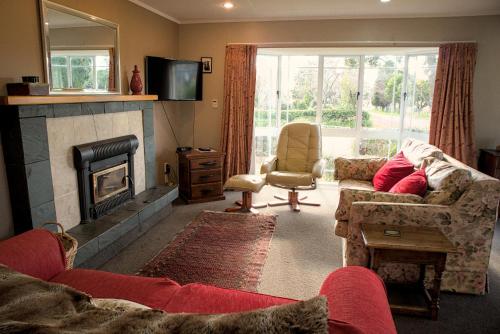 a living room with two couches and a fireplace at The Parklet in Patangata
