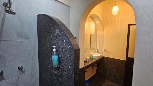 a bathroom with a sink and a shower with a sink at Departamento Árbol in Atlixco