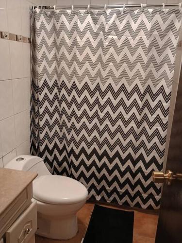 a bathroom with a chevron shower curtain and a toilet at Hermosa casa central en Chillán in Chillán