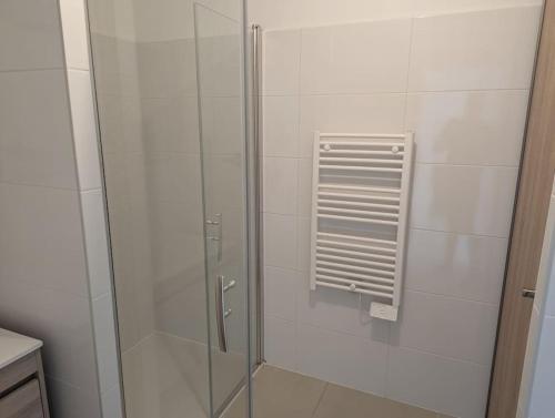 une douche avec une porte vitrée dans une salle de bain dans l'établissement Appartement T3 Port-Leucate entre plage et port, à Port-Leucate