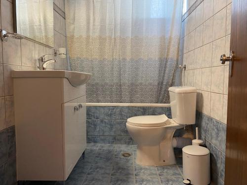 a bathroom with a toilet and a sink and a shower at Summer Home in Potos
