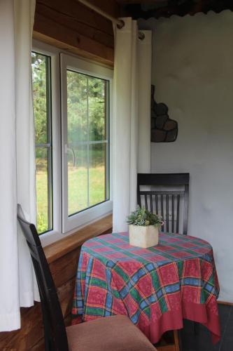 a table and chairs in a room with windows at kaimo turizmo sodyba Fliorencija in Pasandravys