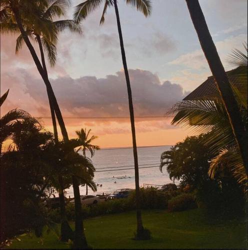 a view of a beach with palm trees and the ocean at Direct oceanfront Magic Sands beach condo - Pool, AC, 2B2B, sleeps 6 in Kailua-Kona
