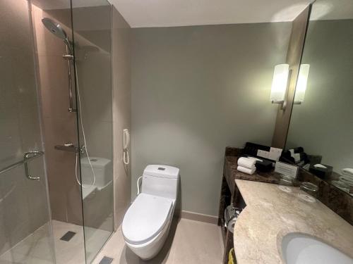 a bathroom with a toilet and a shower and a sink at Marco Polo Plaza Cebu in Cebu City