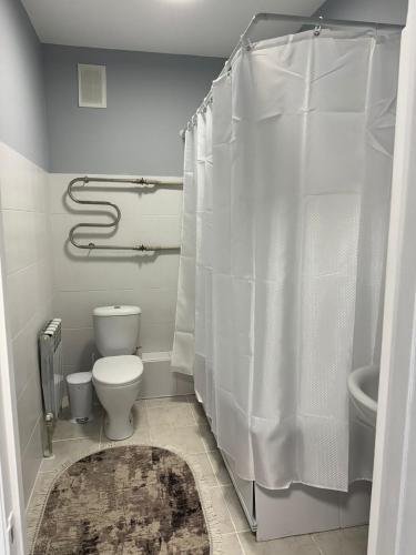 a bathroom with a toilet and a shower curtain at Современная квартира в Алматы для 4 человек in Shugyla