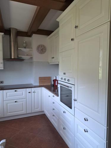 a kitchen with white cabinets and a stove top oven at Baumgartner - Bauernhaus in Weißkirchen in Steiermark