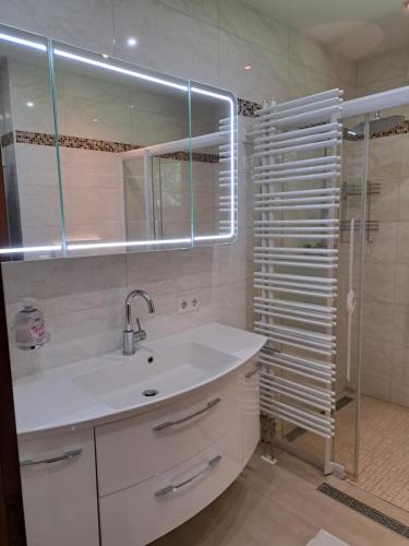 a bathroom with a sink and a mirror and a shower at Baumgartner - Bauernhaus in Weißkirchen in Steiermark