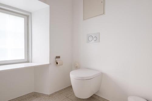 a white bathroom with a toilet and a window at City Apartment With Exposed Ceiling Beams in Copenhagen