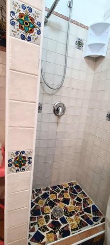 a bathroom with a shower with a tile floor at La Limonaia a mare in Ponza