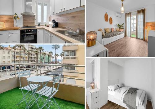 un collage de photos d'une cuisine et d'une chambre dans l'établissement Confort et Vue sur Mer à Canet, à Canet