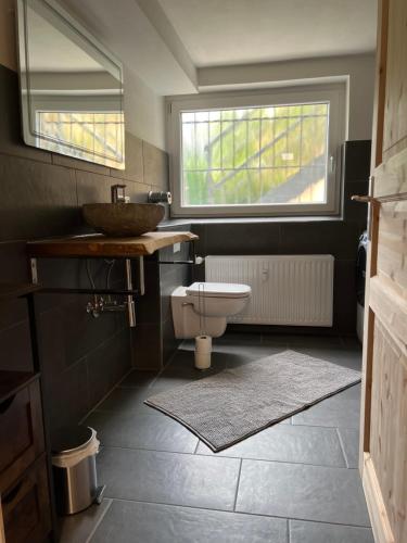 a bathroom with a sink and a toilet and a window at Charmante Souterrain Wohnung in Dortmund