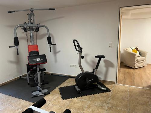 a room with a gym with a treadmill and a mirror at Charmante Souterrain Wohnung in Dortmund