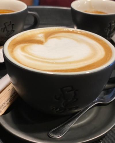 two cups of coffee sitting on a plate at Casa Mignon in Oradea