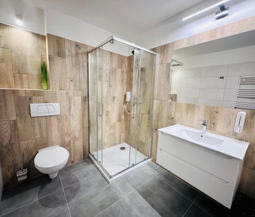 a bathroom with a toilet and a sink and a shower at Góral Spa&Wellness in Szczyrk