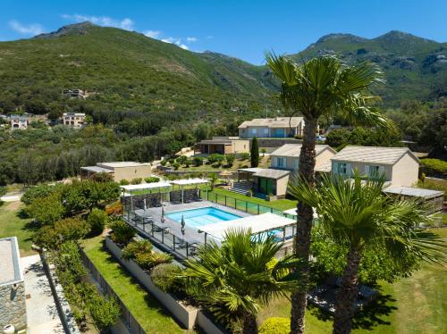 Farinole的住宿－U San Daniellu villas et chambres，享有带游泳池和棕榈树的别墅的空中景致