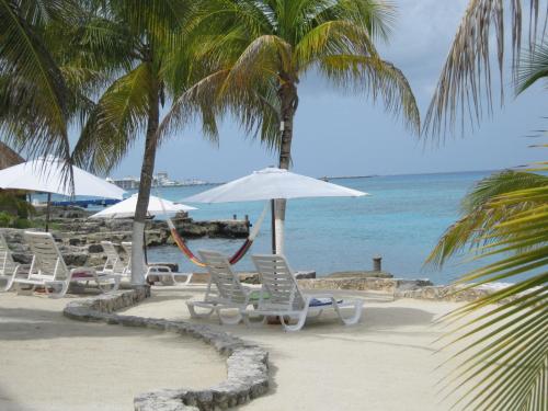 een groep stoelen en parasols op een strand bij Condumel in Cozumel