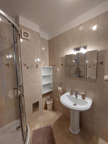 łazienka z umywalką i prysznicem w obiekcie Apartmani PARADISO w Krku