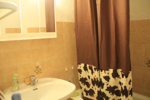 a bathroom with a sink and a shower curtain at Alpenlake AP120 VIEW & NATURE 5 pers in Châtel