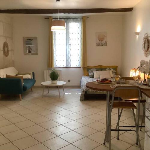 un salon avec une table et un canapé dans l'établissement Charming studio apartment, à Avignon