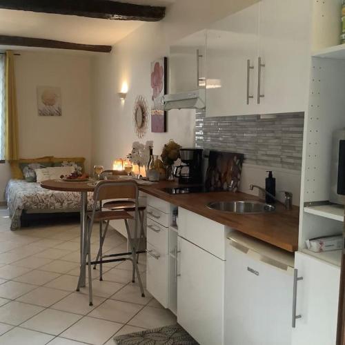 - une cuisine avec un évier et un comptoir avec une table dans l'établissement Charming studio apartment, à Avignon