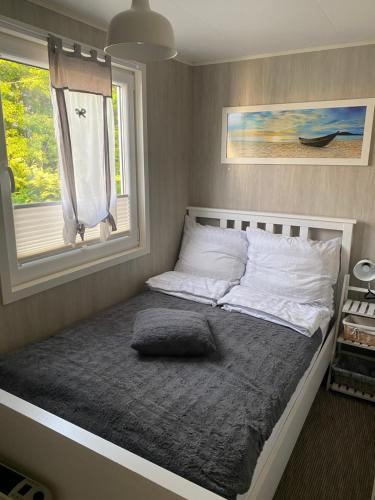 un lit dans une chambre avec une fenêtre dans l'établissement Bujając w obłokach domek nr 22, à Gąski