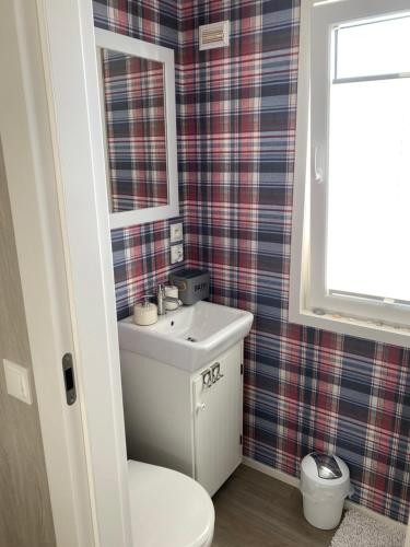 une salle de bains avec toilettes et lavabo dans l'établissement Bujając w obłokach domek nr 22, à Gąski