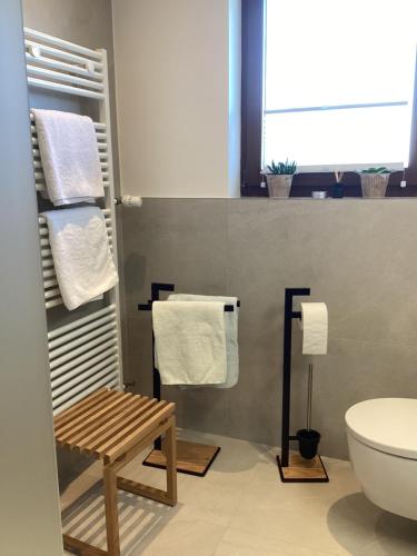 een badkamer met handdoeken, een toilet en een bankje bij Haus Hunsrückhöhe in Schauren