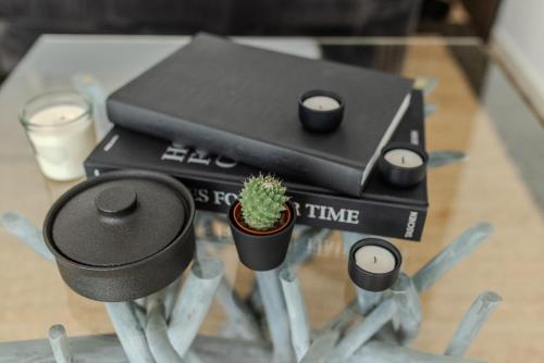 a table with two speakers and a potted plant on it at Historisch Zentral nah Elphi & Miniatur Wunderland in Hamburg