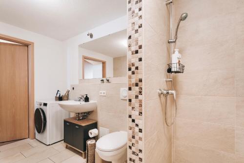 a bathroom with a shower and a toilet and a sink at Gemütliche Oase in der Altstadt in Löbau