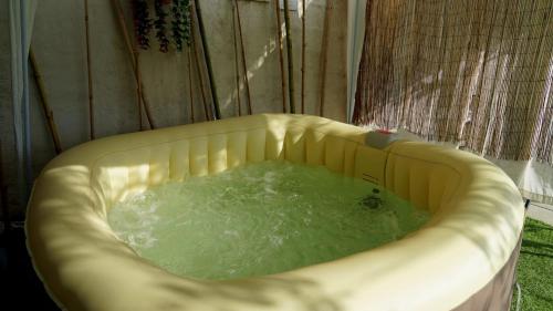 a pool of water with a bird in a bath tub at Mansarda con vista lago in Sulzano