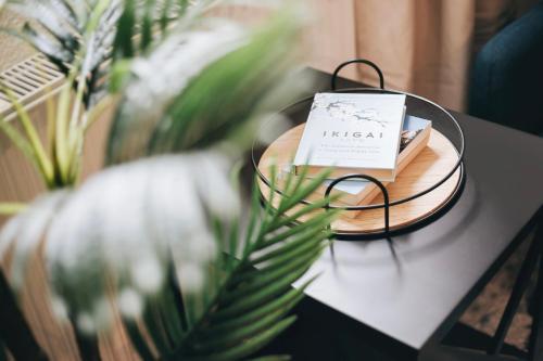 a book sitting on a table next to a plant at Gemütliche Oase in der Altstadt in Löbau