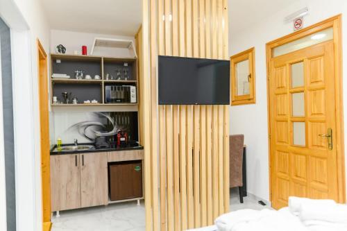 a living room with a television on a wall at SPA apartman Tomin adults only in Soko Banja