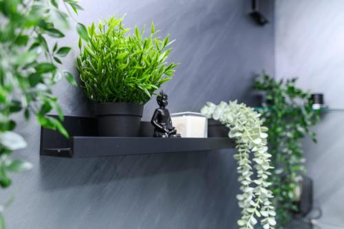 a black shelf with potted plants on a wall at SPA apartman Tomin adults only in Soko Banja