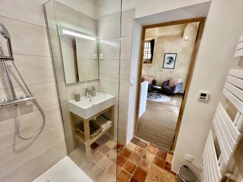 une salle de bain avec un lavabo et une douche dans l'établissement Les écuries de Lestang-Parade, à Arles