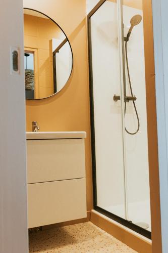 une salle de bain avec douche et miroir dans l'établissement Appartement deux pièces bord de mer avec jardin, à Criel-sur-Mer
