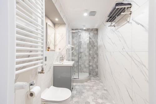 a white bathroom with a toilet and a shower at Apartament Podkoziołek Stary Rynek in Poznań