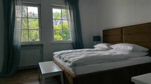 a bedroom with a bed and two windows at Apartment Vila Pavlovski in Bled