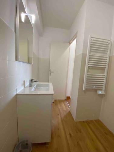 une salle de bain blanche avec un lavabo et un miroir dans l'établissement grand f2 climatisé avec wifi plein centre BORGO, à Borgo